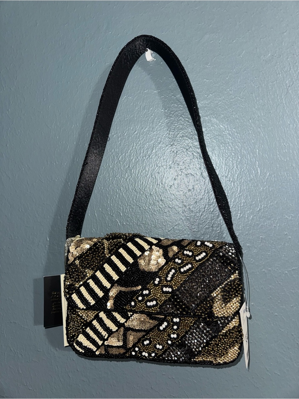 Embellished Black and Gold Beaded Shoulder Bag